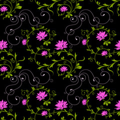 Seamless pattern with pink lotus silhouette, green elements of curls and leaves on a black background. Pattern with a flower arrangement. 