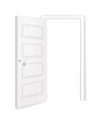 White opened door with frame and handle. Doorway in modern office or home vector illustration. Room or apartment entrance mockup. Realistic interior design element background