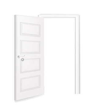 White opened door with frame and handle. Doorway in modern office or home vector illustration. Room or apartment entrance mockup. Realistic interior design element background