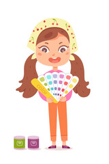 Girl holding colour palette for painting in kindergarten. Kid doing creative art in school vector illustration. Little happy child isolated on white background, cans on floor