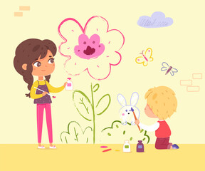 Children painting yellow wall in kindergarten. Kids doing creative art with brushes vector illustration. Little boy and girl drawing pink flower and rabbit with paint together