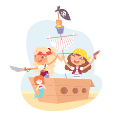 Little children as pirates having adventure in ship. Cute girls with saber and pistol in boat sailing in sand on island vector illustration. Captain with sailor, kids characters on white background