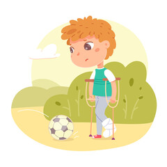 Hurt boy with broken leg in gypsum outdoor. Child unwell walking in park, unable to play football with ball vector illustration. Little kid holding crutches in hands, leg in plaster