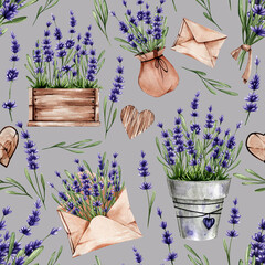 Floral watercolor pattern with lavender in a pot, box, envelope against gray background.Bouquet of spring purple flowers. Suitable for fabric, textile, wallpaper, decor