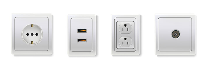 Outlet, socket, plugs set. Electric power connectors for power vector illustration. American, European devices for energy, adapters to insert cables, tv wire on white background