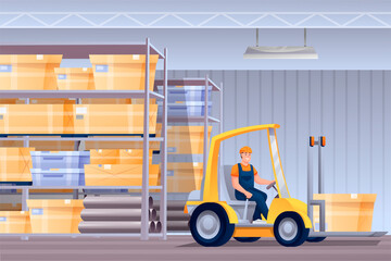 Worker in forklifter tractor cartoon character. Handymen loading cardboard boxes. Storehouse employee using forklifter professional equipment. Distribution, logistics, shipment isolated clipart.