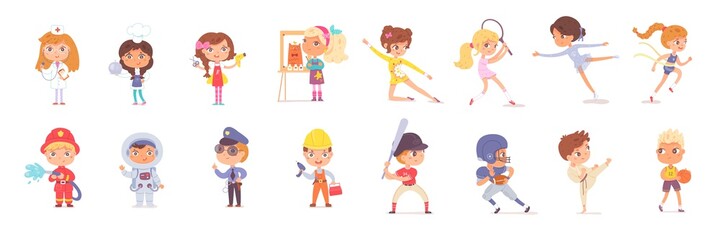Kid professions and sports set. Boys and girls with occupations vector illustration. Fireman, astronaut, police, builder, nurse, cook, painter, sportsmen: basketball, karate, rugby, gymnastics