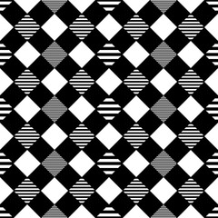 Seamless abstract background. Checkered pattern diamond shape. Monochromatic color black and white. Texture design for fabric, tile, cover, poster, textile, flyer, banner, wall. Vector illustration.