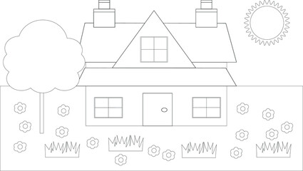 Children coloring page book cartoon dream house barbie house isolated. American dream home with picket fence and lawn garden meadow field of flowers