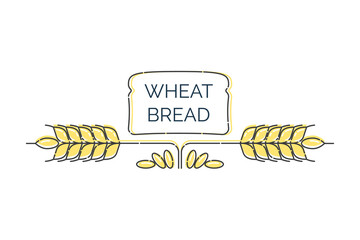 Two wheat spikes with scattered grains and over them loaf bread. Line whole grain symbol illustration for organic eco business, agriculture, bakery. Food logo on white background. Natural product