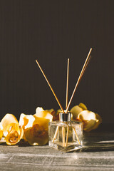 Air refresher bottle and wooden sticks,spa concept. aromatherapy.