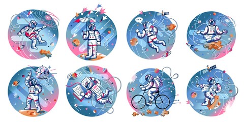 Funny astronaut in space set. Man dancing, playing guitar, with umbrella, reading book or newspaper, meditating, riding bike, messaging. Space exploration fun entertainment vector illustration © backup_studio