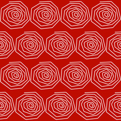 Red background and same spirals like roses. Vector.