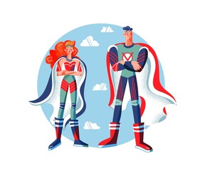 Two superheroes in costume with arms crossed. Superwoman and man with cape vector illustration. Cartoon woman and guy with powers posing on blue sky background. Brave smiling girl and boy standing