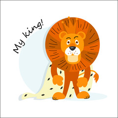 Lion King. Vector character. Cute funny lion wearing a crown and cape, isolated on white background.