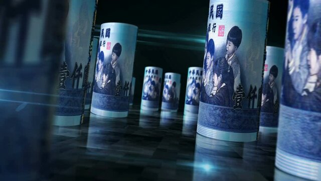 Taiwan Dollar rolls loop 3d animation. Money on the table. Camera between TWD rolled banknotes. Seamless and loopable abstract concept of economy, finance, business, recession and debt.