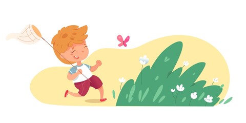 Obraz na płótnie Canvas Happy kid catching butterfly in park on summer day. Boy having fun playing during holiday vacation. Cute child running and laughing on playground. Outdoor activities in nature vector illustration.