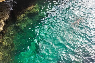 Malta, Marsaxlokk, August 2019. Silhouette of a man swimming under water.