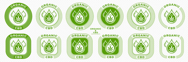 Conceptual stamps for packaging pharmaceutical, medical, cosmetic products. Cannabis extract with plant leaf. Vector elements.