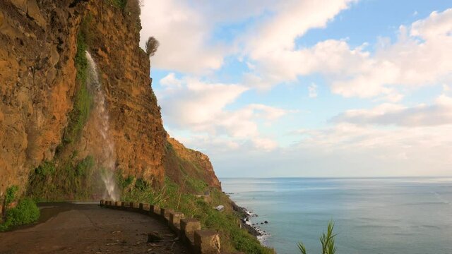 Waterfall on an old closed road near Ponta do Sol, Madeira island, Portugal