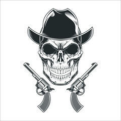 Vintage skull cowboy and guns monochrome template