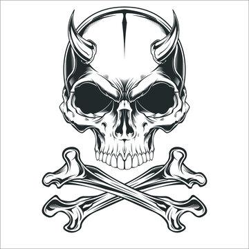 Vintage skull without jaw and crossbones horns monochrome template