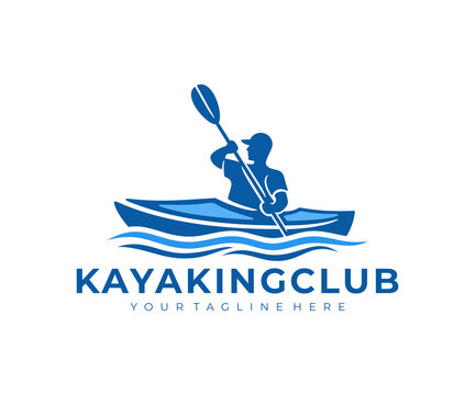 River kayaking, a guy in a kayak sails on river, logo design. Leisure kayakers touring, journey, travel and traveling, vector design and illustration