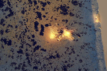 Dark blue, and gold pattern with texture of geode and sparkles. Abstract vector background in alcohol ink technique. Modern paint with glitter. Template for banner, poster design. Fluid art painting