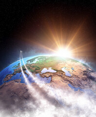 Spaceships orbiting planet Earth, ready for Universe exploration and constellations discovery, sun shining on the horizon. 3D illustration - Elements of this image furnished by NASA © mozZz