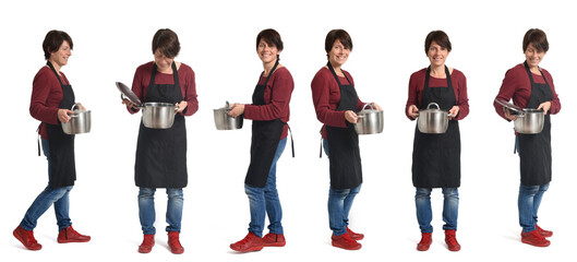 group of same housewife wotj pot with food in various poses on white background