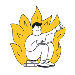 Deadline, work on fire mode. A cute cartoon man is working with a computer and a fire is burning behind him. The problem, hard work, close deadline. Thin line vector illustration on white.