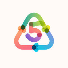 Number five logo inside triangular shaped recycling symbol with arrows.
