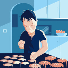 The boy decorates Easter cakes for Easter.  Vector illustration.