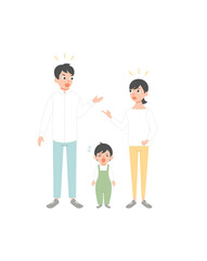 Mother and father brawling or quarreling in presence of child. Parents shouting at each other. Conflict between mom and dad. Unhappy family. Flat cartoon vector illustration