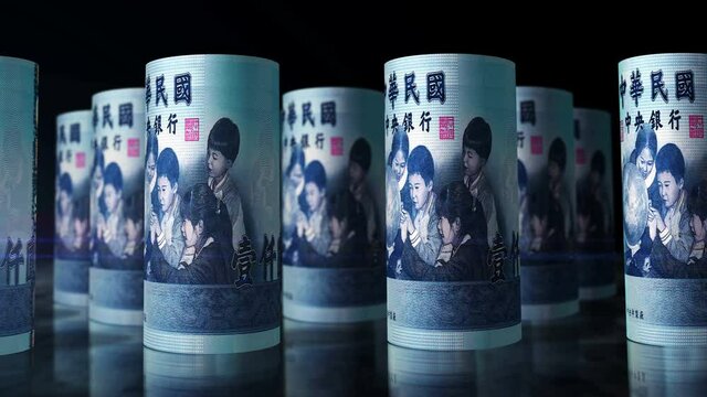 Taiwan Dollar money rolls loop 3d animation. Camera moving in front of the TWD rolling banknotes. Seamless loopable concept of economy, finance, cash, business and debt.