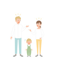 Mother and father brawling or quarreling in presence of child. Parents shouting at each other. Conflict between mom and dad. Unhappy family. Flat cartoon vector illustration