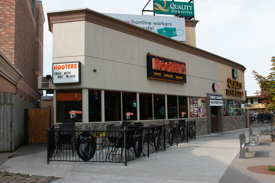 Niagara falls Canada, August 26 2020: Editorial photo of hooters restaurant. Hooters is a chain restaurant known for their provacative outfits.