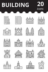 Buildings and attractions icons set. Simple vector linear symbols collection.