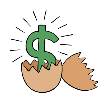 Cartoon vector illustration of broken egg and dollar money inside.