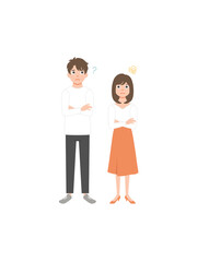 Young troubled couple. Confused woman and man thinking together. People with question marks vector illustration. Man and woman with question, thinking guy