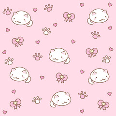 Cute pattern with cats, bows and hearts on a pink background.
