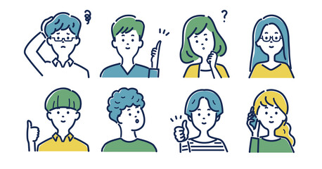 若い男女の表情のイラスト素材セット