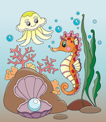 Vector illustration of Cartoon the seahorse and jellyfish.