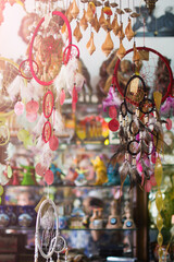 Dreamcatchers in a market stall. colorful dream catcher hung from the ceiling in the gift shop