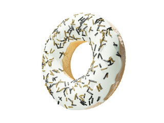 White Chocolate Donuts Sprinkle sugar rainbow, golden and black Isolated white background 3D...
