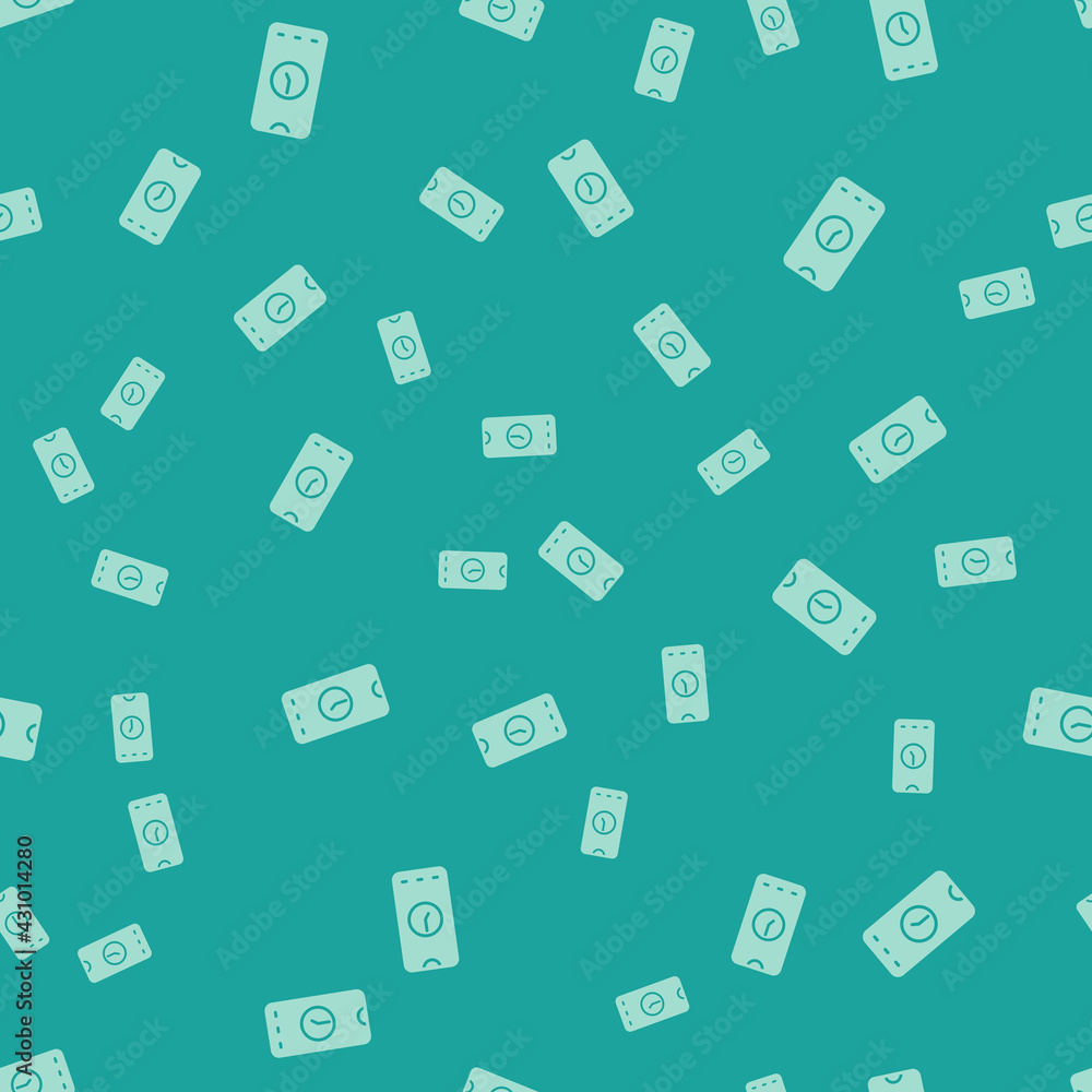 Poster green alarm clock app smartphone interface icon isolated seamless pattern on green background. vecto