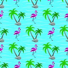 Fototapeta na wymiar Tropical seamless pattern with palm trees and pink flamingos on blue background. Summer holidays. Vector illustration.