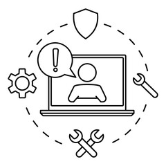 Customer service. Man with speech bubble on laptop screen. Online technical support. Concept illustration for assistance, call center, virtual help service. Support solution or advice. Vector