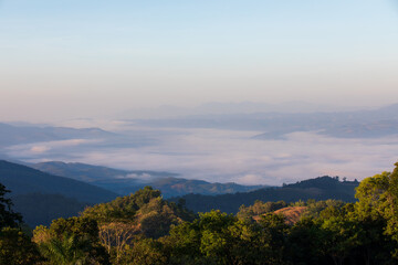 Sunrise time with sea of fog and clouds with mountain hill at Sri Nan National Park Doi Samer Dao Nan Province Thailand, Asia.