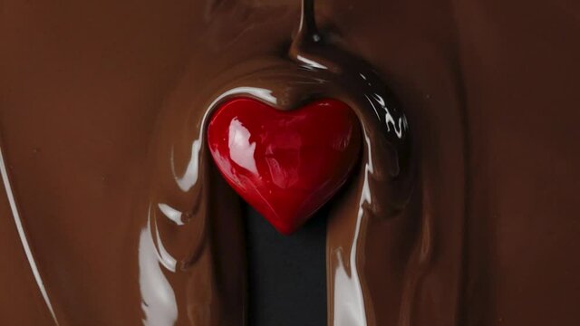 Milk chocolate drips on red heart in slow motion. Valentines day footage.